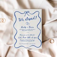 This we eloped announcement features hand drawn wavy border with a bow in the center, rings, and divider elements for a beautiful way to let your friends and family know you've tied the knot! This elopement reception invitation is perfect for you if you eloped, got married in an intimate ceremony, and want to celebrate with the rest of your family & friends. The template is completely editable for you to edit and change as you'd like. *𝗣𝗟𝗘𝗔𝗦𝗘 𝗡𝗢𝗧𝗘:* this is an off white background plea