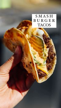 A smash burger taco consists of a crispy, thin, beautifully crusted beef patty inside a golden tortilla with burger sauce, lettuce, and pickles! They are juicy and absolutely delicious. A tortilla is place on top of the meat and smashed on a hot griddle; very easy to make in 15 minutes