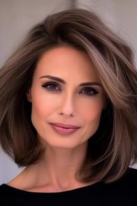 Get the rich brunette with sleek straight layers for a trendy and modern look. This medium-layered bob hairstyle is perfect for women with thick hair. Click here to check out more flattering medium-length hairstyles for women in their 60s.