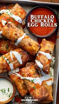 Buffalo Chicken Egg Rolls are filled with a creamy filling of rotisserie chicken, cheddar cheese, mozzarella, buffalo sauce, and ranch seasoning. They are cooked crispy in an air fryer, but can also be fried in oil or baked in the oven. Serve them with ranch or blue cheese dressing for dipping.