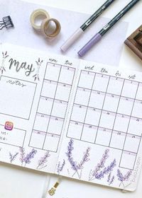 Bujo idea for May calendar page. Lavender theme inspired by Amanda Rach Lee. Bullet journal inspiration, monthly layout for planner, calendar or agenda. Find the perfect, hand-drawn, customized planner! You can also make a special gift for someone you like! Get a custom bullet journal on Etsy by bujo.by.ann