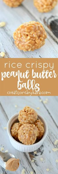 Easy no-bake crispy peanut butter balls are always a hit. They are naturally gluten free, and so addicting! #nobakecrispypeanutbutterballs #peanutbutterballs #peanutbuttertreats #crispypeanutbutterballs #creationsbykara