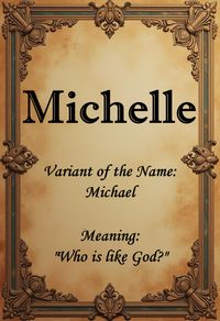 Michelle, a French variant of the name “Michael” meaning “Who is like God?”  Name found in “Variants of Classic Names” by Elbie Atler.