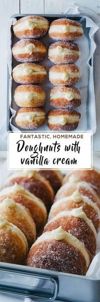 Absolutely fantastic, homemade doughnuts with rich vanilla cream. Extremely soft, filled with a delicious vanilla cream. YuM!