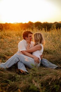 Couple portrait session in Dallas, Texas near White Rock Lake. Natural light at golden hour.