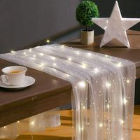 10 ft White Tulle Table Skirt with LED Lights for Home Decor - Romantic Wedding Decoration with White Pearl Chiffon Table Runner - USB Copper Wire Lights Included