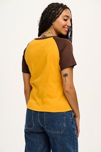 Maya Is Our Classic Fitted Short Sleeve T-Shirtavailable Here In Orange & Brown Raglan! Our Fit Fitted Tee Mid Length To Sit At Top Hip Short Sleeve High Crew Neck With Rib Trim The Fabric 100% Cotton Jersey - Made From Gots Certified Organic Cotton The Fabric Is Super Soft And Breathable Yak Care Machine Washable Reshape While Damp Modelled By Jazz, Uk 10, 5Ft 8, Wears Size S Venice, Uk 22, 5Ft 8, Wears 2Xl | Maya, Cotton Tee In Orange & Brown Raglan, Size: 4XL (UK 32) | Lucy & Yak