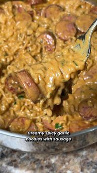 Creamy, spicy garlic noodles with sausage.