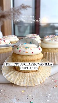 Julie Marie Eats is sharing a classic vanilla birthday cupcake recipe. This soft and moist vanilla cupcake is topped with a smooth vanilla buttercream. Follow for more easy classic cupcake recipes and homemade dessert recipes.