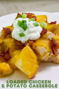 Easy Loaded Baked Potato and Chicken Casserole is a one pan meal that is topped with melted cheese and smoky bacon. Sure to become a favorite!