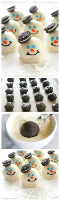 Adorable Melted Snowmen Oreo Balls Christmas Treats Recipe via The Girl Who Ate Everything - The BEST Christmas Cookies, Fudge, Candy, Barks and Brittles Recipes - Favorites for Holiday Treats Gift Plates and Goodies Bags!