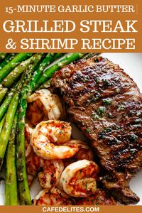 15-Minute Garlic Butter Grilled Steak & Shrimp Recipe! This dish is loaded with protein and the asparagus takes it to the next level! An incredible easy to make gourmet steak dinner that tastes like something out of a restaurant! Garlic Butter Grilled Steak & Shrimp recipe is ready on the table in less than 15 minutes. Easy to make and PERFECT for the barbecue, or grill inside using a grill pan!