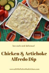 This luscious, warm Chicken and Artichoke Alfredo Dip is easy and so tasty! It's sure to be the MVP at your next game day party, or any party ever! 🎉Keep this dip low carb by serving it with an assortment of fresh veggies, or serve it with tortilla chips and sliced, bakery-fresh baguette for the ultimate comfort food dip!