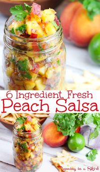 The Best Fresh Peach Salsa recipe. This 6 Ingredient simple, easy and healthy fruit salsa is perfect for summer. Uses lime juice, cilantro, jalapeno and a tomato. Uses include a homemade dip with chips for an appetizer or a topping for grilled fish like salmon or tilapia, shrimp or tacos for dinner. No cooking required! Vegan and gluten free. / Running in a Skirt