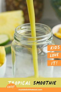 This Tropical Smoothie Recipe is quick to throw together, juicy and refreshing and with bonus vegetables your kids will love it!
The added zucchini helps you use up the surplus from the garden at this time of the year! 
The perfect summer smoothie recipe for kids and adults.