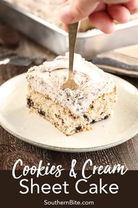 If you're a fan of an Oreo cookie, you're going to love this Cookies and Cream Sheet Cake! And starting with a boxed cake mix makes it SO quick and easy!