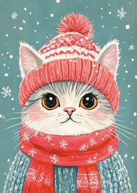 winter postcard, in full growth cute cat in a knitted winter hat and scarf, Winter, neither dressed in warm cozy clothes, sweaters, hats and scarves, painting in the style of illustrations by Jen Barte, cute style reminiscent of storybook illustrations, Illustration in bright gouache style, winter