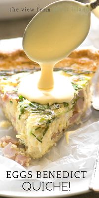 Eggs Benedict Quiche with Hollandaise Sauce ~ complete with little chunks of Canadian bacon, and a quick and creamy hollandaise sauce! #christmas #brunch #breakfast #eggsbenedict #hollandaisesauce #quiche #mother'sday #easter #easterbrunch #breakfastinbed #canadianbacon #eggs #hamquiche #easyhollandaisesauce