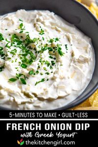 A scrumptious French Onion Dip recipe made with Greek yogurt for added creaminess and nutrition. Even kids love it! This last-minute French onion dip is among a whole collection of easy appetizers. This quick and easy french onion dip is perfect for picnics, dinner parties, lunch boxes, tailgating appetizers, and midnight snacks! | The Kitchen Girl @thekitchengirl #healthyfrenchoniondip #easyfrenchoniondip #partyfood #easyappetizers #quickhealthydiprecipes #thekitchengirl