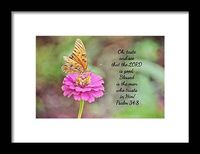 This is original framed art of a butterfly on a zinnia flower and a bible verse from Psalm 34:8. The size can be enlarged and matte, frame colors may be changed to your liking. This beautiful image can be on many other products. Click on image to see all options. #water #calm #peace #bible #bibleverse #faith #Christian #art #springforart #buyartnotcandy #giftthemart #thisspringbuyart #gift #giftidea #wallart #officeart #home #decor #photography #digitalart #gabyethington