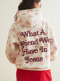 This oversized floral hoodie features a bold and beautiful floral print, adding a touch of nature-inspired style. The inspirational quote "What a friend we have in Jesus" is printed on the front, offering a meaningful message of comfort and hope.