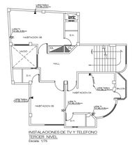 Telephone and TV installation of 10x10m commercial cum staying room third floor plan is given in this Autocad drawing file. This is G+1 commercial building.