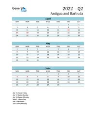 Free quarterly calendar for Antigua and Barbuda with holidays. Holiday calendars in PDF, Word, and Excel are printable and easy to customize.