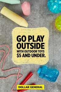 Take the fun outside with outdoor toys starting at just $5. We've got sidewalk chalk, bubble wands, jump ropes, bouncy balls and everything else kids need for spring fun. Find all the fun at your local DG.