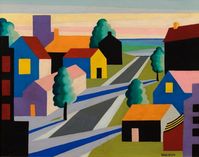 “Houses and Street,” c. 1946 Precisionism Oil on board, 20 x 16 inches Osvaldo Louis Guglielmi (American, 1906 – 1956)