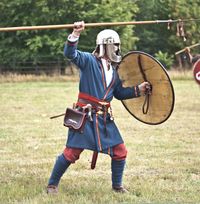 High status Jutish warrior with period weaponry.  From the Weorod reenactment site.