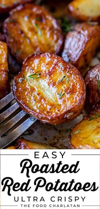 Easy Roasted Red Potatoes from The Food Charlatan. The easiest recipe ever for Oven Roasted Red Potatoes! These baby reds come out tender in the middle and oh-so-crispy on the outside, every time. Seasoned with garlic and tossed at the end with a bit of white wine vinegar, the flavor is irresistible. The perfect side dish for so many dinners, but I also love to serve these as an appetizer with a variety of dips! Everybody loves them! Make them tonight for dinner!