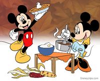 Mickey and Minnie Mouse preparing a Thanksgiving feast