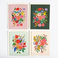 Beautiful floral stationery set great for thank yous, birthdays and just to say hello! Comes in a box of 4 different colored backgrounds. Artwork features gold foil accents. Accompanied by cream envelopes. By Rifle Paper Co. Set of 8