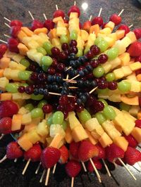 craving station: Beautiful rainbow fruit kabobs + crack dip. tie dye fruit plate use blunt sticks