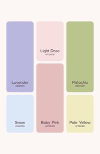 This Color Palette is pastel, springy, bright & playful for all your color inspiration needs!  Includes: - very light rose pink - mauve baby pink - pistachio green - bright sky baby blue - buttery light lemon yellow - lilac lavender bright purple