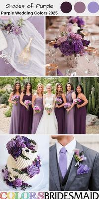 Shades of purple for purple wedding colors 2025, mismatched plum and lavender bridesmaid dresses, dark grey groom suit lavender tie and valerian flower boutonniere, plum, valerian and lavender reception centerpieces and wedding cake décor. #weddingcolors #weddingideas #purpleweddings #colsbm #2025 #bridesmaiddresses #plumwedding #lavenderwedding #plumandlavender