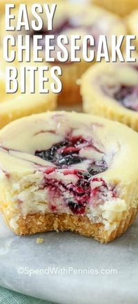 Baked cheesecake bites are a fun and easy bite-sized treat! This simple dessert is made with a viennese cookie crust, a honey sweetened cream cheese filling, and a fruit preserve swirl. This dessert can easily be served frozen making for a refreshing summer snack! #spendwithpennies #cheesecakebites #dessert #bitesized #bakedcheesecake #cheesecakerecipe