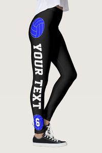 Make your own customized blue volleyball leggings by typing your own volleyball team name and volleyball player jersey number in the custom text boxes! Makes an awesome outfit and gift idea for volleyball players, coaches and fans with blue team colors!