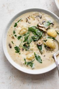 This creamy gnocchi soup is so easy to make! It's filled with tons of mushrooms, spinach, garlic, and pillowy gnocchi.