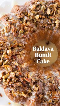 50min · 10 servings     Baklava Topping  1/4 cup butter {melted}  1 cup chopped nuts {I used a combination of pistachios, almonds and walnuts}  1/3 cup brown sugar  1 tbsp corn syrup  1/2 tsp cinnamon  Cake Batter  1-15.25 oz. box vanilla cake mix  3 eggs  1/2 cup vegetable oil  1 cup water  3 tbsp sour cream  Honey Glaze  1/4 cup honey  1 cup powdered sugar  1 tsp lemon juice  1-1 1/2 tbsp warm water