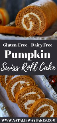 The BEST Pumpkin Swiss Roll Cake recipe with a delicious cream cheese filling. You wouldn't even guess it's gluten-free and dairy-free! It's moist, fluffy, and easy to make. The perfect fall dessert! #glutenfreeanddairyfree #pumpkinswissrollcake #pumpkinrollcake #rollcake #logcake #falldessert #holidaydessert