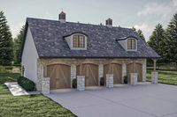 This 4 car garage is built on slab foundation and gives you storage in the attic accessed via pull-down stairs. The Craftsman exterior is accented with stone and a pair of matching dormers and decorative cupola. A man door gives you access on the left side.