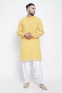 Buy Soniya G- Men Yellow Satin Lucknowi Kurta And Salwar Set Online | Aza Fashions