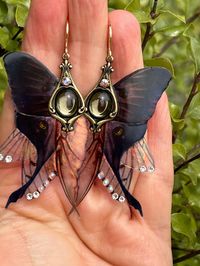 Fairy Wing Earrings, Fairycore, Butterfly Moth Jewelry, Midnight Luna Light, Charcoal Iridescent Dangles, Czech Glass, Art Nouveau - Etsy