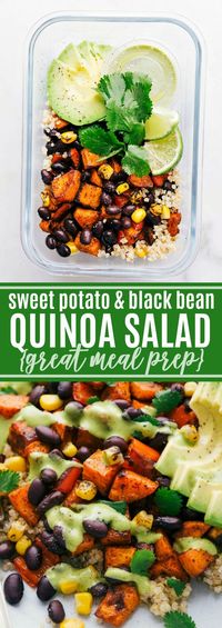 A quinoa black bean salad with roasted sweet potatoes, black beans, corn, red bell pepper, and a delicious cilantro lime dressing. This quinoa black bean salad makes a delicious meal, great weekly meal prep, or side dish via chelseasmessyapron.com #quinoa #black #bean #meal #prep #recipe #easy #quick #kid #friendly #sweet #potato #cilantro #dressing