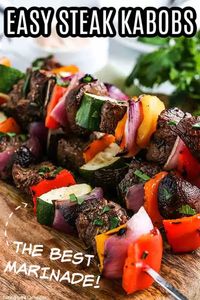 Grilled steak kabobs recipe has everything you need for a great meal. Flavorful steak and tender veggies combine on the grill beef skewers for an amazing dinner. The easy marinade is flavorful. #eatingonadime #marinadedgrillsteakkabobs