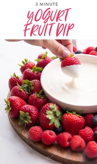 This easy yogurt fruit dip uses only 3 simple ingredients and is made in about 2 minutes. It's creamy and perfectly sweet with plenty of vanilla, making it taste a bit like frosting! Great for dessert, a snack, or to serve guests with a fruit tray. No refined sugar. #healthy #snack #party #realfood #yogurt