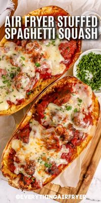 This Stuffed Spaghetti Squash recipe is delicious. Made with sausage or ground beef and loaded with parmesan cheese, it tastes the best baked in the air fryer. What an easy supper. Everyone loves cheesy low carb spaghetti squash, and this can even be made ahead. Simple to freeze and reheat in the air fryer, too! #stuffedspaghettisquash #recipeshealthy #lasagnaboats #everythingairfryer