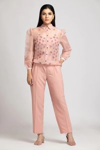 Buy S & V Designs Peach Banana Crepe Organza Shirt And Pant Set Online | Aza Fashions