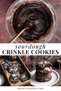 Give your sourdough discard a second life with these homemade Sourdough Crinkle Cookies! Rich with chocolate flavor, these cookies combine cocoa powder and sourdough to create a chewy treat with a beautiful crinkle effect. This easy recipe is perfect for holiday baking or any time you crave a chocolate fix. For more recipes, visit makeitdough.com.